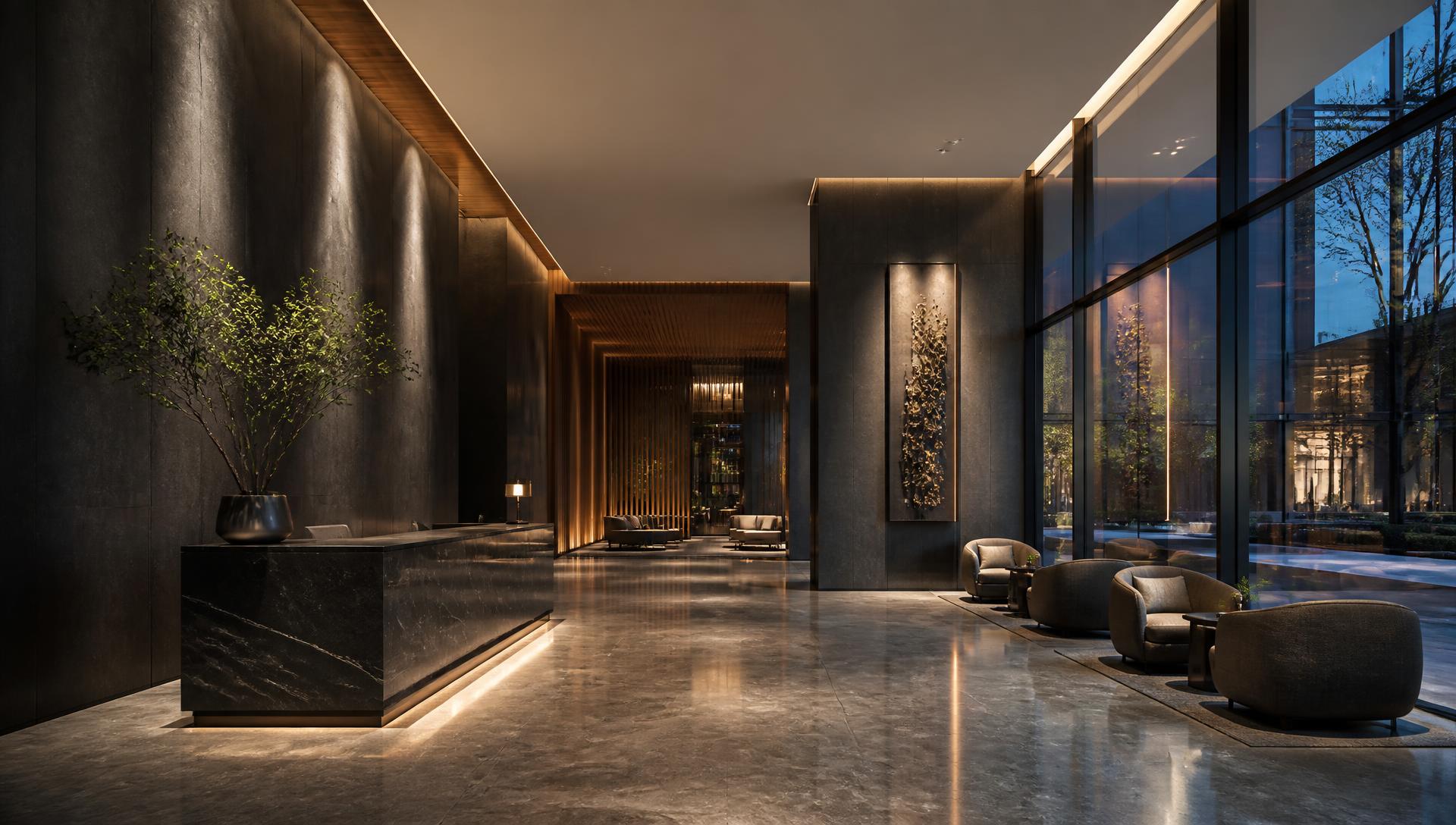 Luxury commercial lobby with Noble Facility Services branding